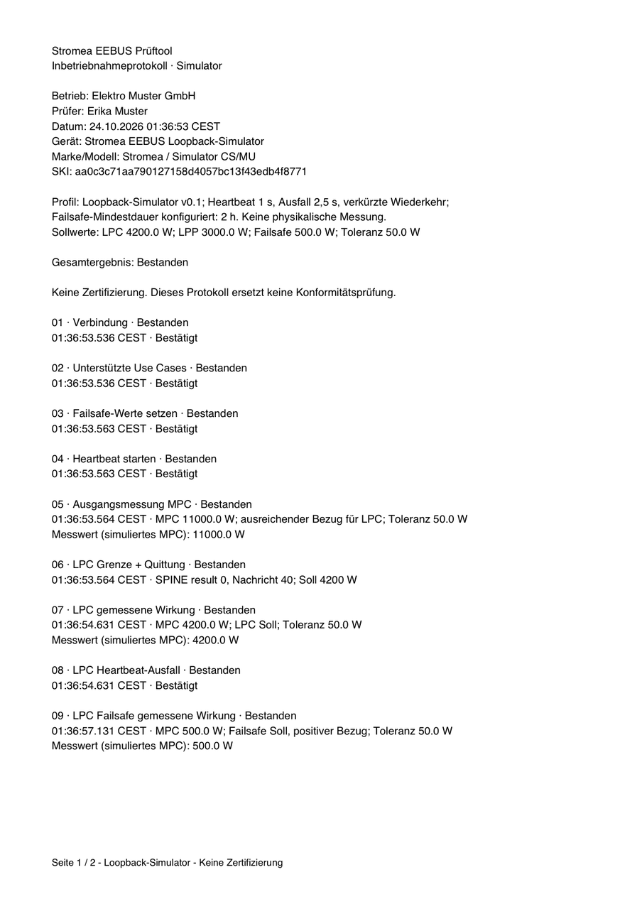 Erste Seite eines Beispielprotokolls: Betrieb, Prüfer, Datum, Gerät, SKI, Sollwerte, Gesamtergebnis Bestanden und die ersten neun Prüfschritte mit Zeitstempel und Messwert.